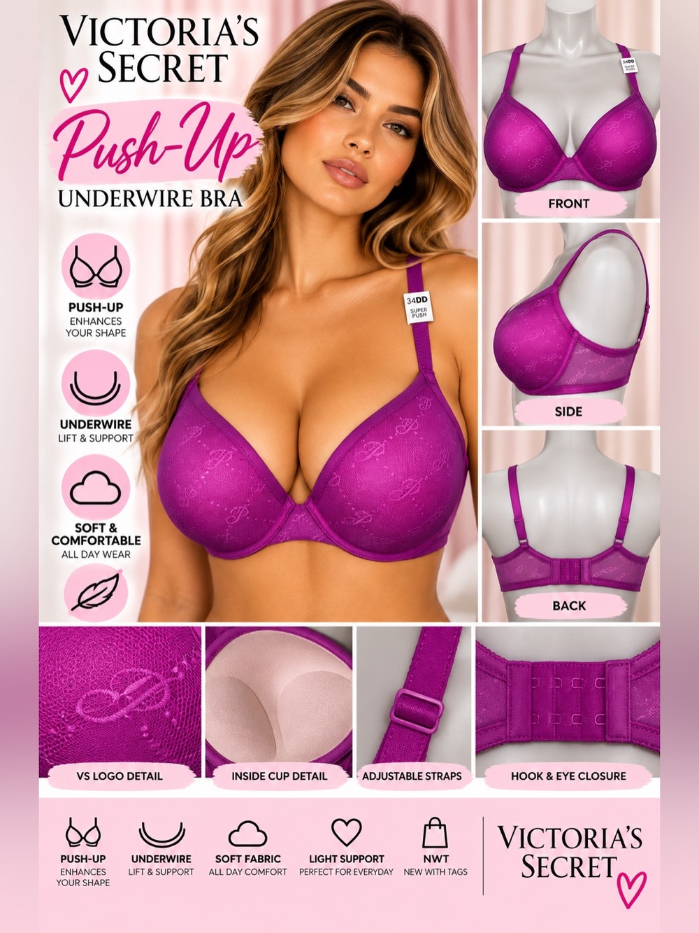 PINK Victoria's Secret Molded Push-Up Bra - Magenta bombshell Sz 34DD NWT